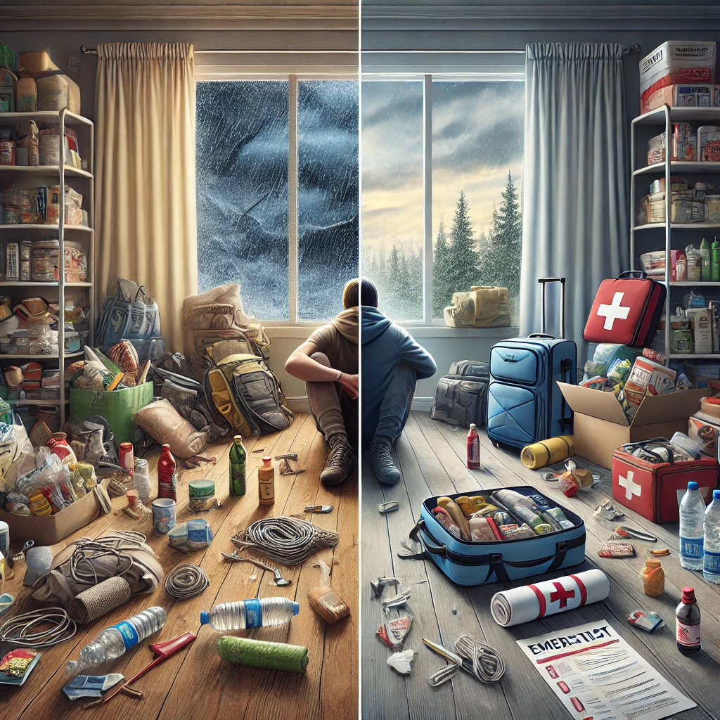 A realistic illustration split into two halves. On the left, a cluttered and chaotic scene of disaster preparation mistakes_ a person sitting on the f