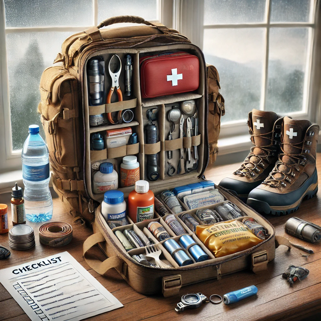 A highly realistic image of an emergency backpack open on a table, showing organized compartments with essential items neatly arranged. The contents i