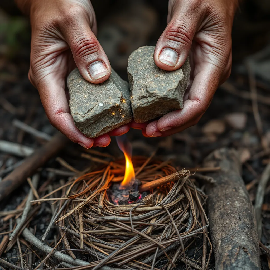 a pair of weathered hands carefully strikes two rough stones together above a small nest of dry grass and twigs. Tiny sparks leap from the contact, glowing briefly before catching on the brittle kindling. A gentle curl of smoke begins to rise, and soon a slender flame flickers to life. The setting feels remote and natural, as if deep in the woods, where resourcefulness and patience guide these steady hands in kindling a new, life-giving fire.